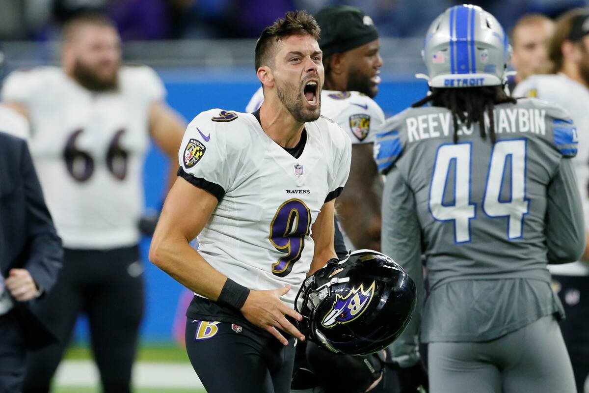 Baltimore Ravens kicker Justin Tucker celebrates after kicking a 66-yard field goal in the seco ...