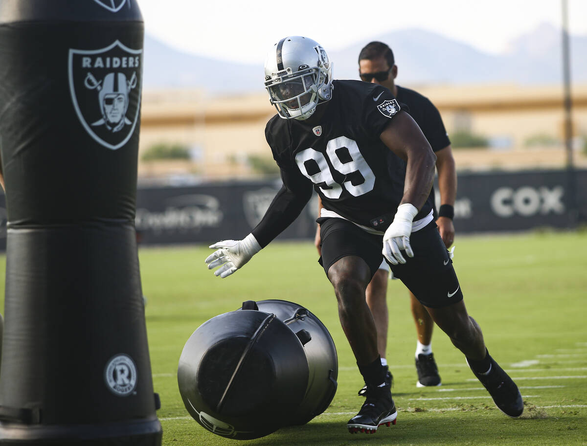 Raiders defensive end Clelin Ferrell (99) runs through drills during training camp at Raiders H ...