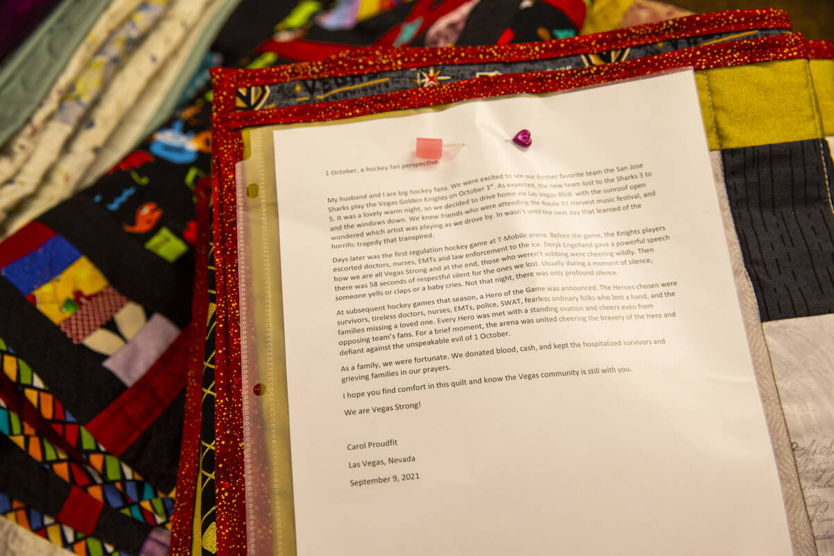 A letter about the Golden Knights is attached with a donated quilt that will be given away to s ...
