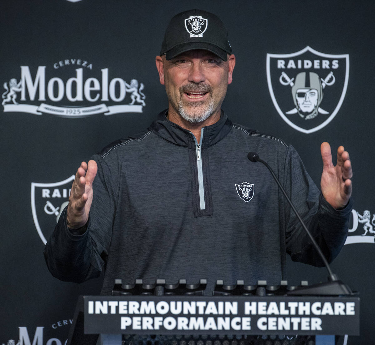 Raiders defensive coordinator Gus Bradley speaks during a press conference at the Intermountain ...