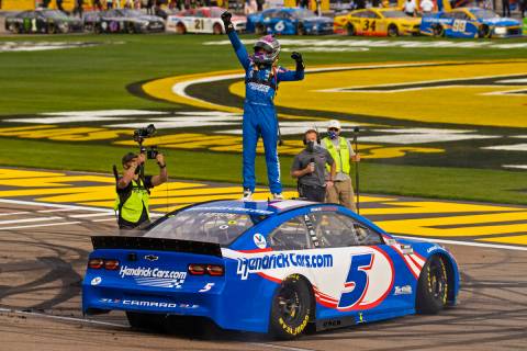 NASCAR Cup Series driver Kyle Larson (5) celebrates after winning the NASCAR Cup Series Pennzoi ...