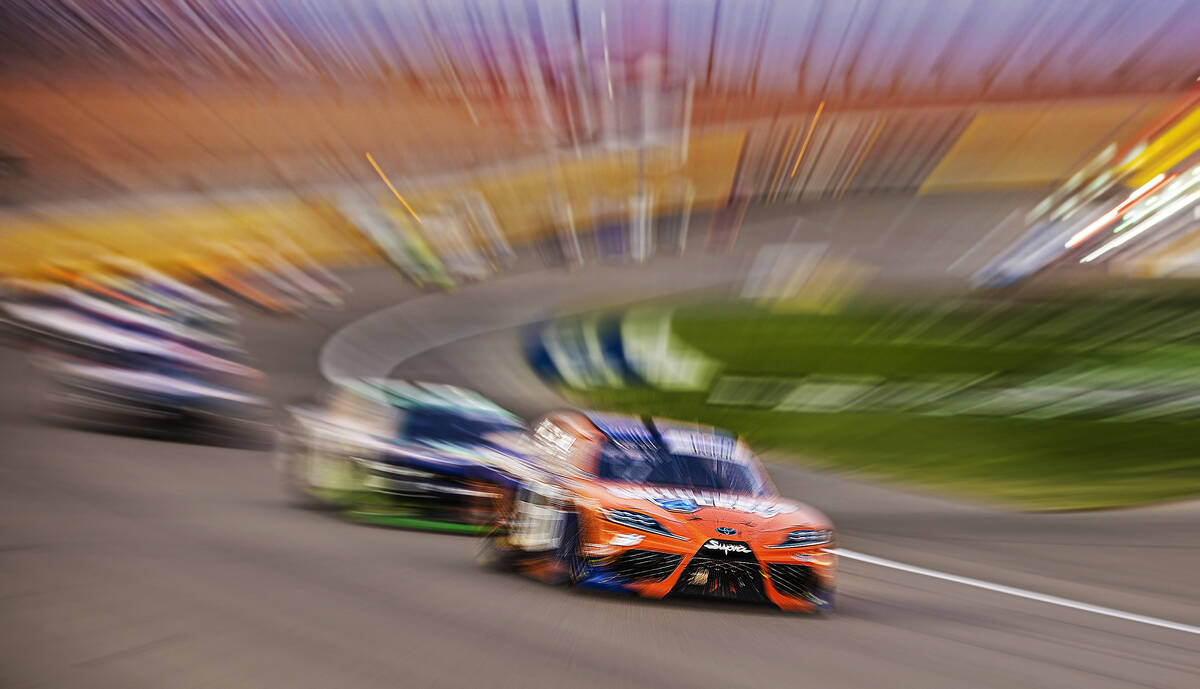 Racers compete in the Alsco Uniforms 302 NASCAR Xfinity series race on Saturday, Sept. 25, 2021 ...