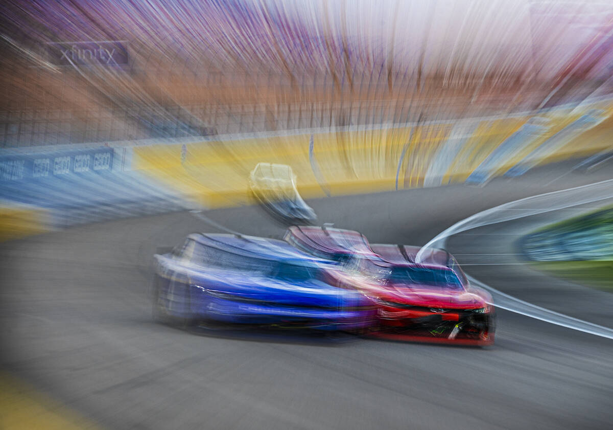 Racers compete in the Alsco Uniforms 302 NASCAR Xfinity series race on Saturday, Sept. 25, 2021 ...