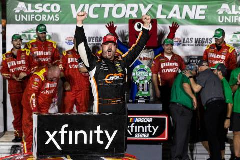 Josh Berry celebrates after winning the Alsco Uniforms 302 NASCAR Xfinity series race on Saturd ...