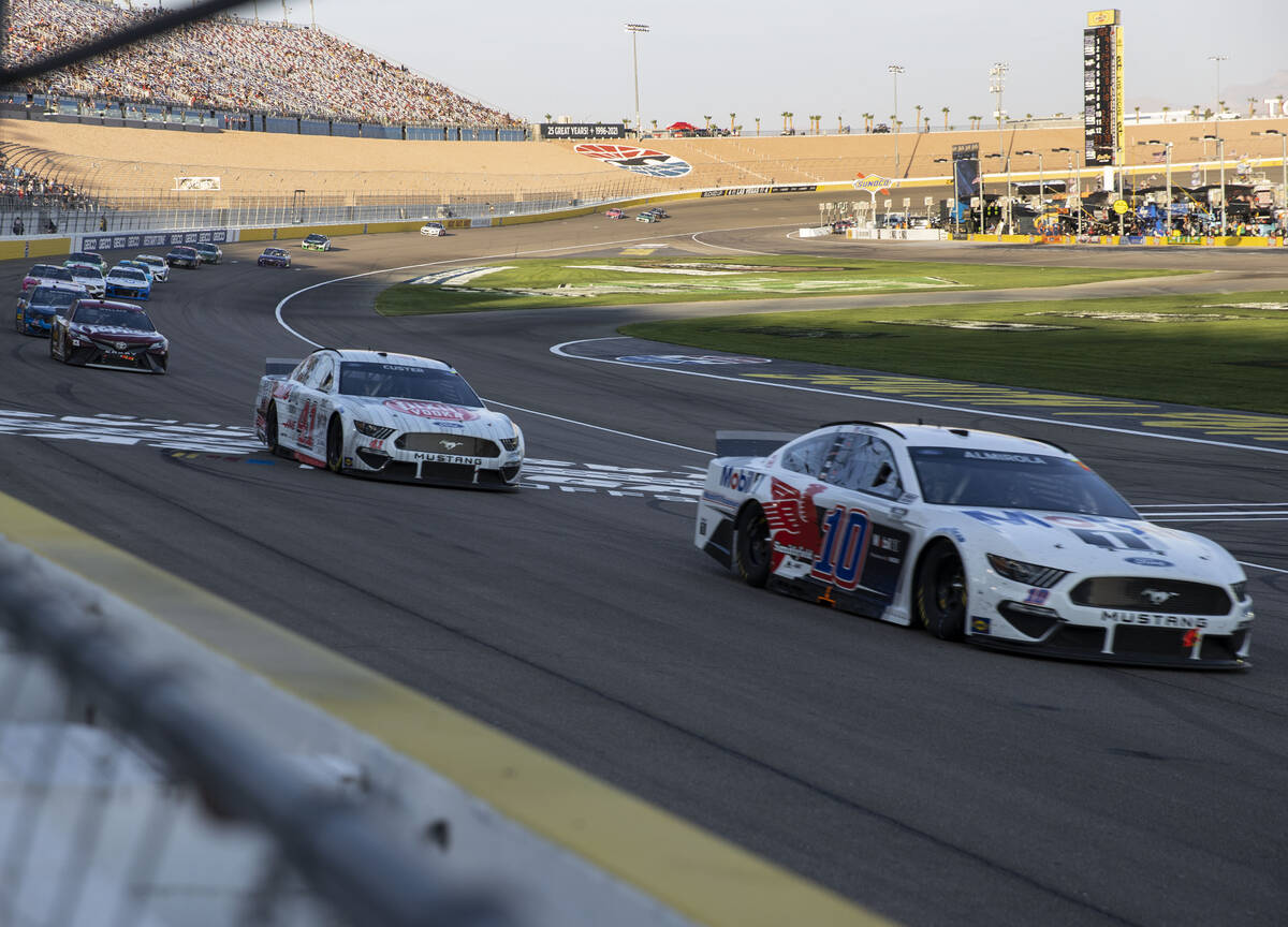 Drivers race during the 4th Annual South Point 400 race at Las Vegas Motor Speedway, on Sunday, ...