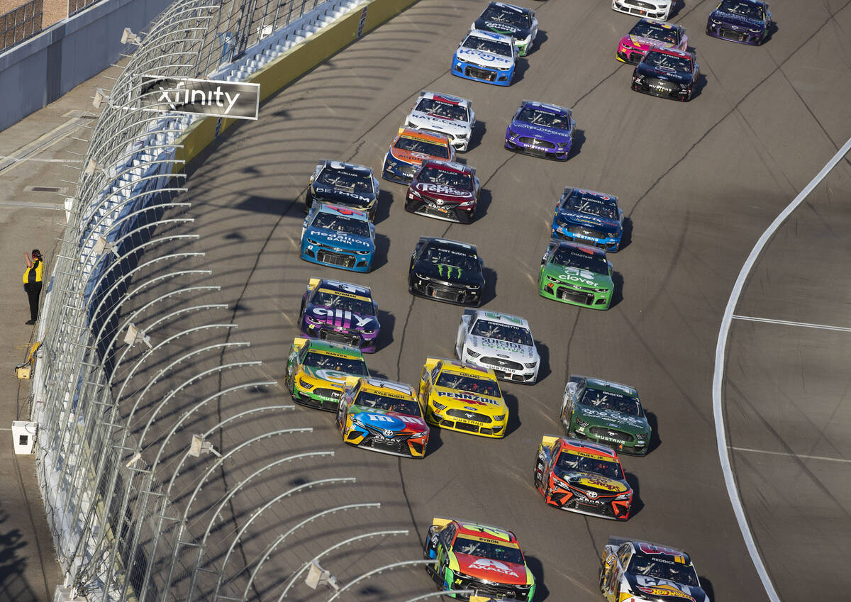 Drivers race during the 4th Annual South Point 400 race at Las Vegas Motor Speedway, on Sunday, ...