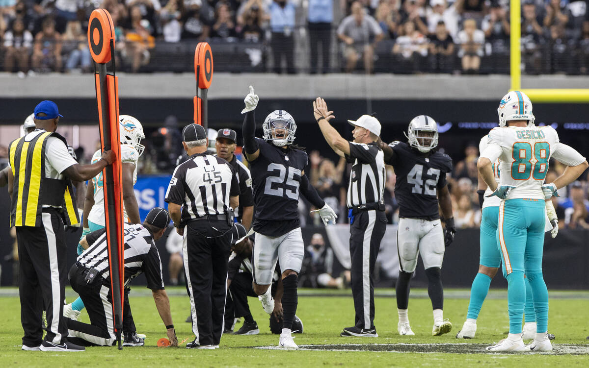 Las Vegas Raiders safety Trevon Moehrig (25) celebrates a big defensive stop in the second half ...