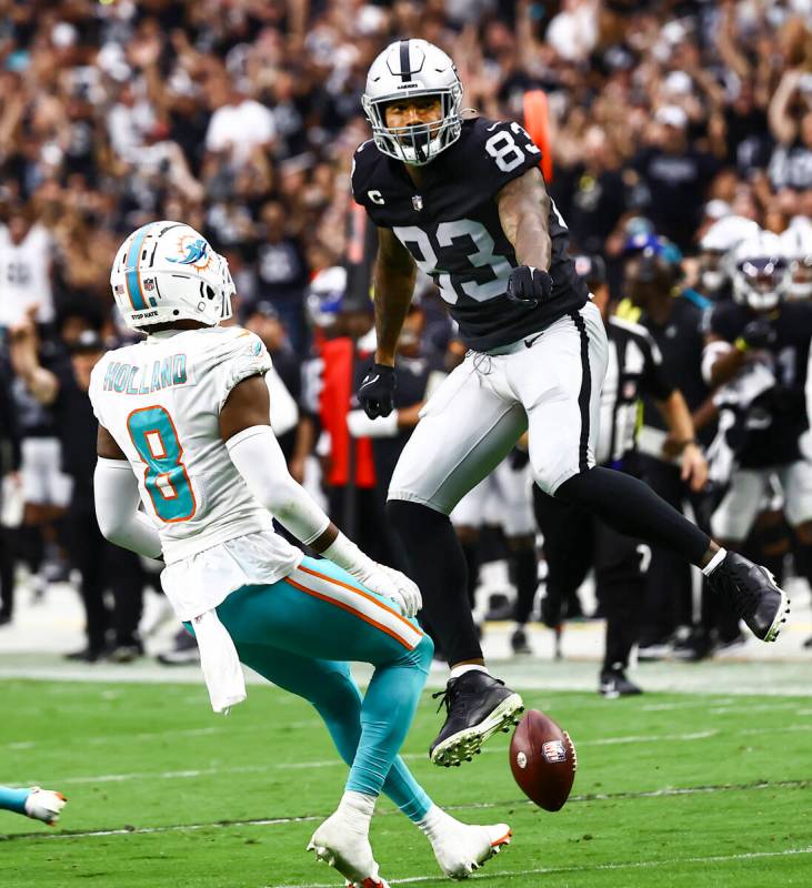 Las Vegas Raiders tight end Darren Waller (83) celebrates after a play against the Miami Dolphi ...