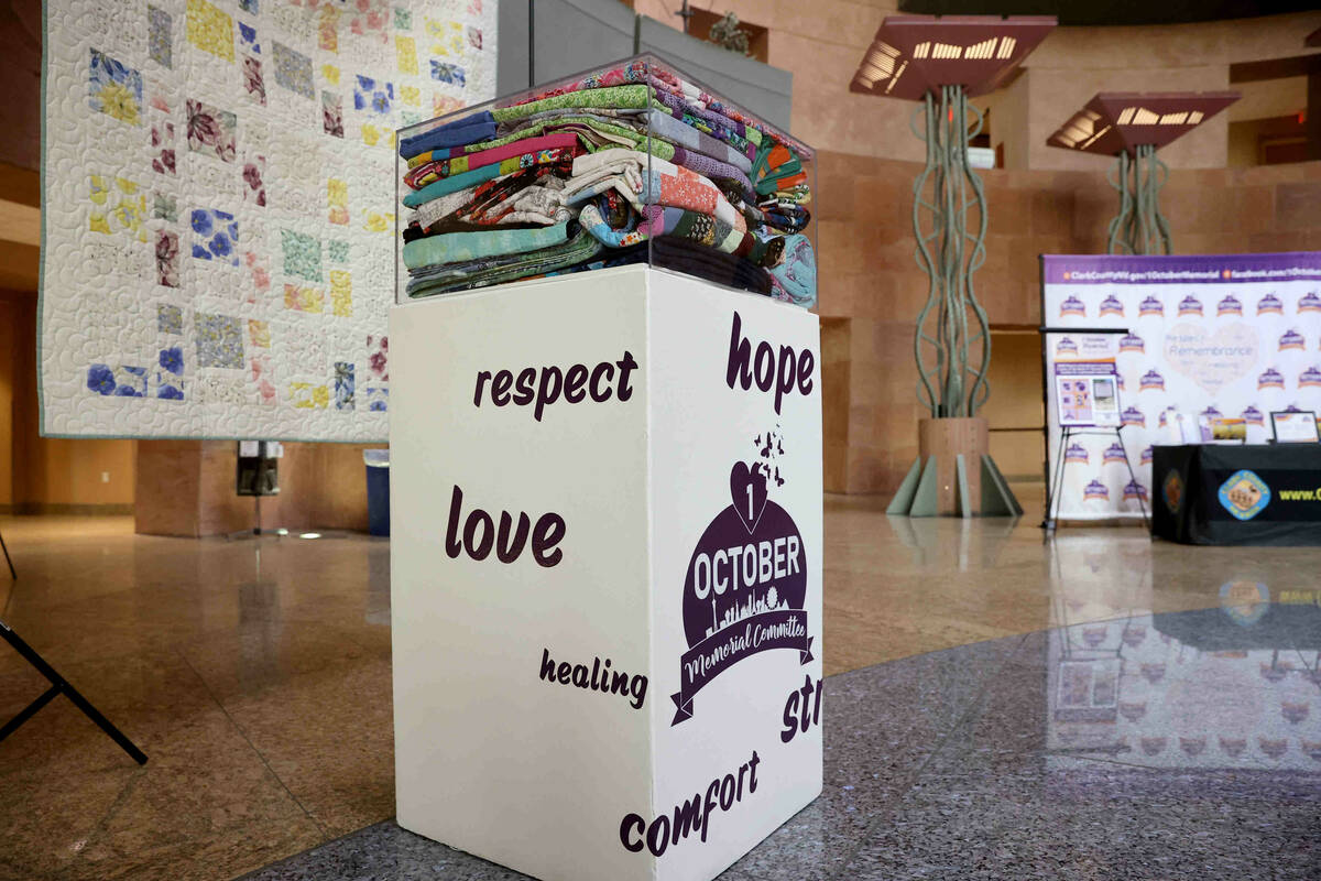 Quilts on display as part of the 1 October Anniversary Exhibit in the Rotunda of the Clark Coun ...