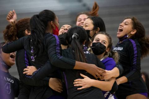 Durango celebrates a win against Faith Lutheran in a high school volleyball game at Durango Hig ...