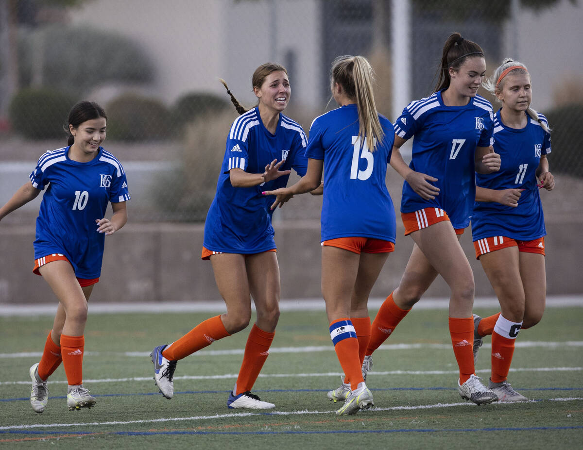 Bishop Gorman’s Gabby Dilandri, second left, (9) celebrates her goal with her teammates ...