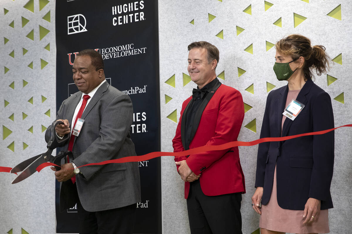 UNLV President Keith Whitfield cuts the ribbon to open the new UNLV Incubator facility at the H ...