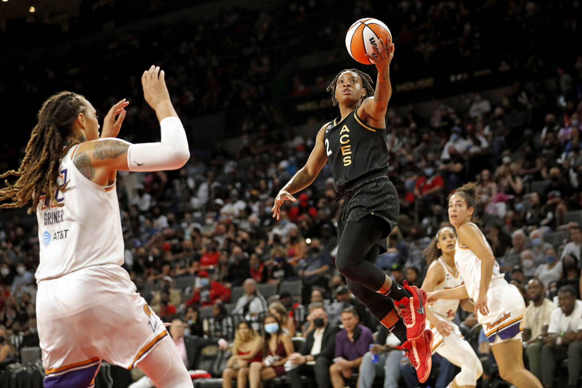 Las Vegas Aces guard Riquna Williams (2) lays up the ball during the second half of Game 1 in t ...