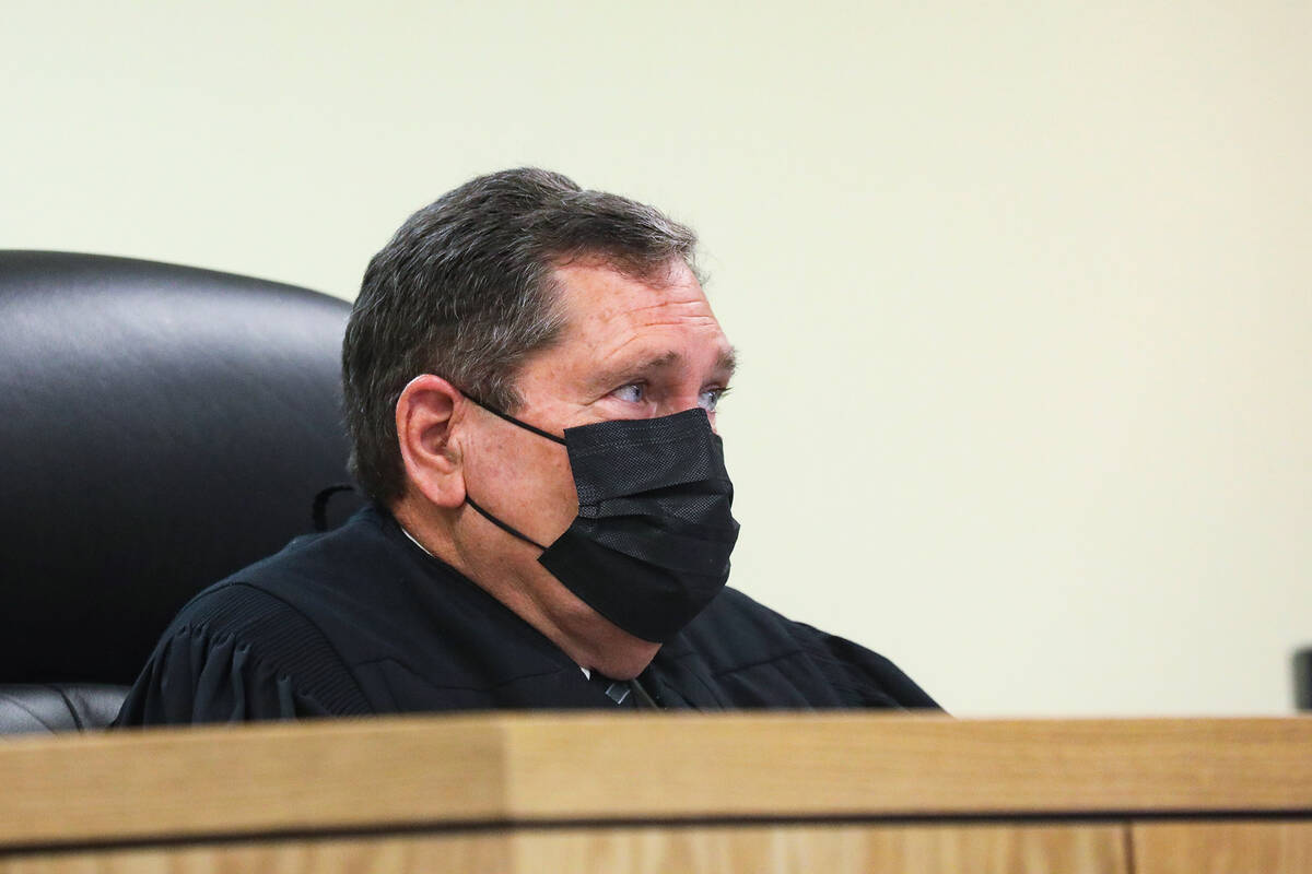 Pahrump Justice of the Peace Kent Jasperson listens to the defense team speak at a preliminary ...
