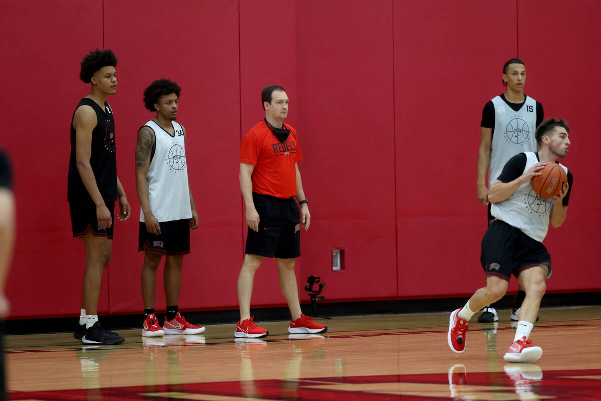 UNLV coach Kevin Kruger during practice at the Mendenhall Center in Las Vegas Wednesday, Sept. ...