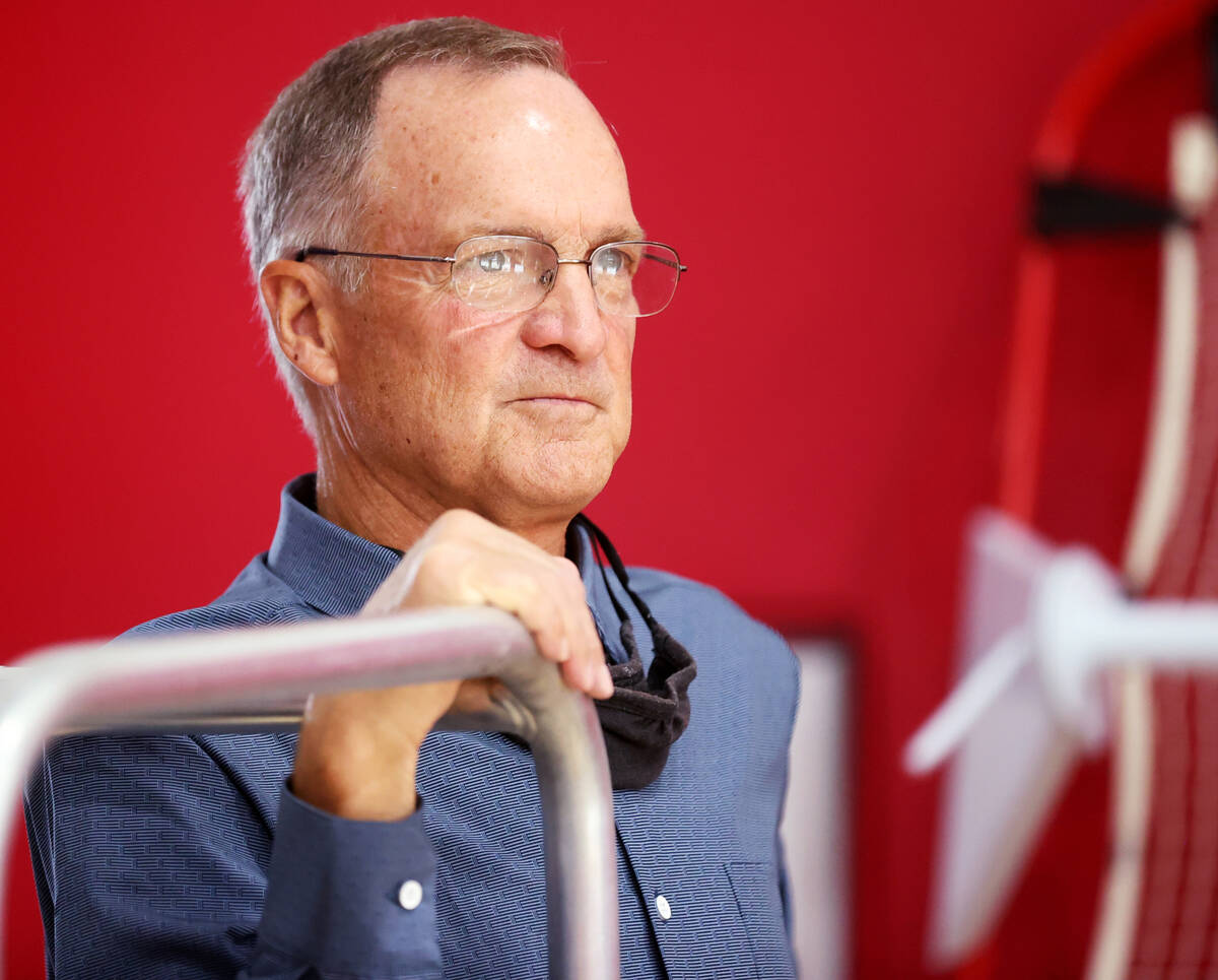 Former UNLV coach Lon Kruger watches his son Kevin Kruger coach during practice at the Mendenha ...