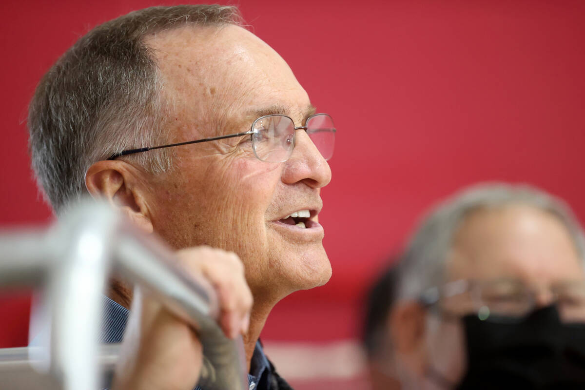 Former UNLV coach Lon Kruger watches his son Kevin Kruger coach during practice at the Mendenha ...