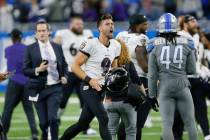 Baltimore Ravens kicker Justin Tucker (9) celebrates kicking a 66-yard field goal in the second ...