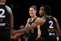 Las Vegas Aces guard Kelsey Plum (10) celebrates a big play with teammates in the second half o ...