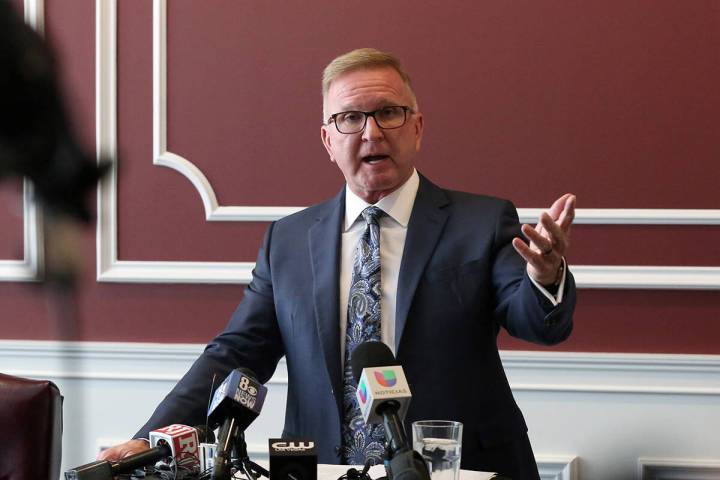 Attorney Robert Eglet speaks during a news conference on Oct. 3, 2019, in Las Vegas. (Bizuayehu ...