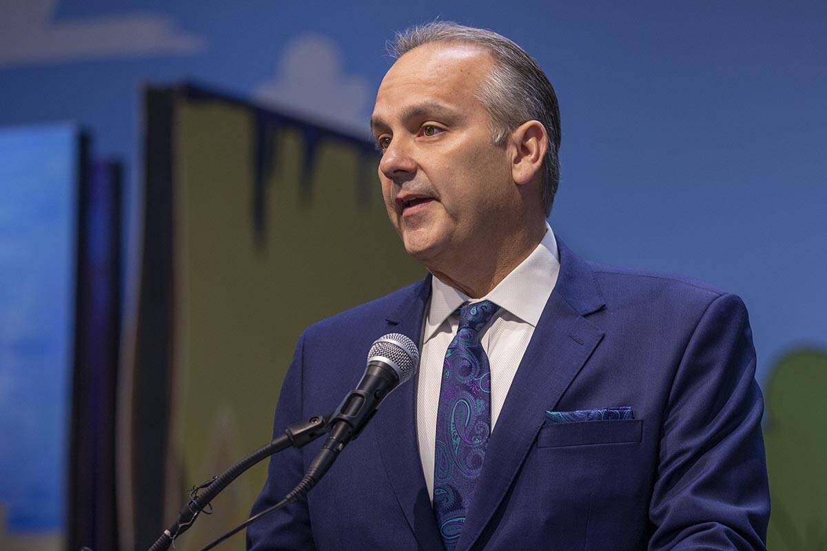 Clark County School District Superintendent Dr. Jesus Jara speaks during a ceremony for four bi ...