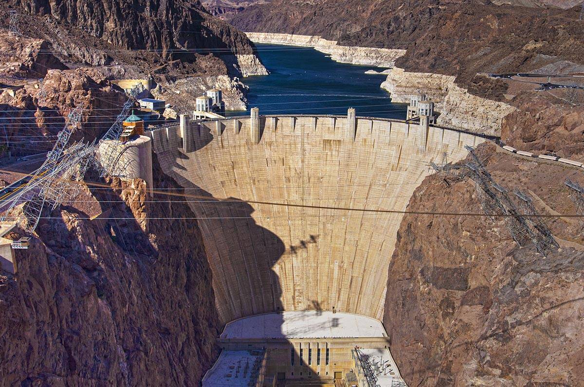 Lake Mead and the Hoover Dam on Tuesday, June 8, 2021, in Boulder City, Nev. (Benjamin Hager/La ...