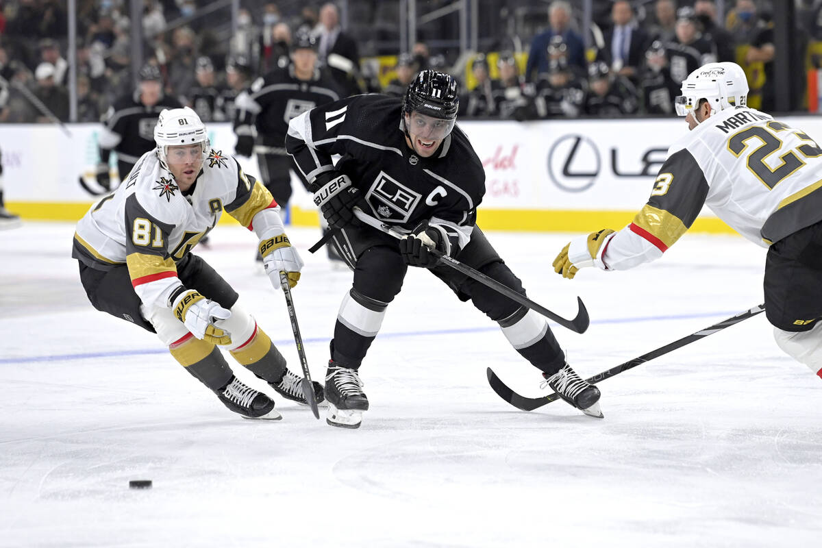 Vegas Golden Knights center Jonathan Marchessault (81) and Los Angeles Kings center Anze Kopita ...