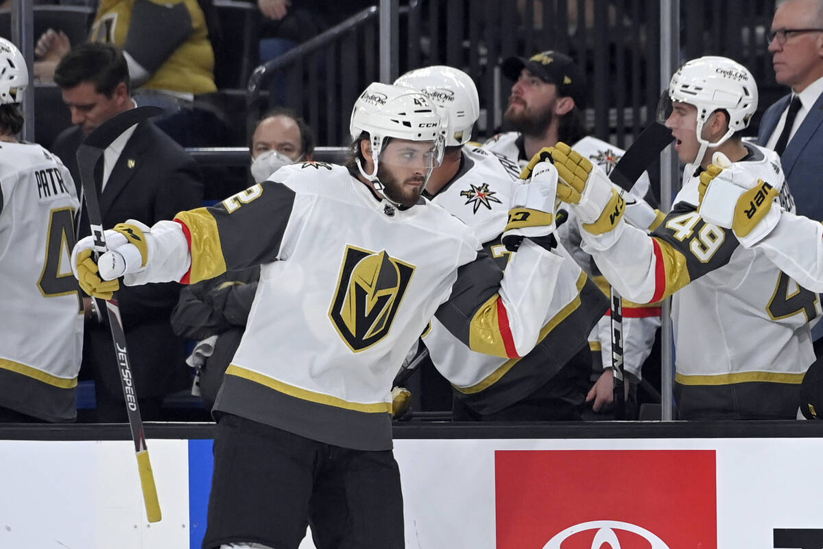 Vegas Golden Knights' Daniil Miromanov celebrates after scoring against the Los Angeles Kings d ...