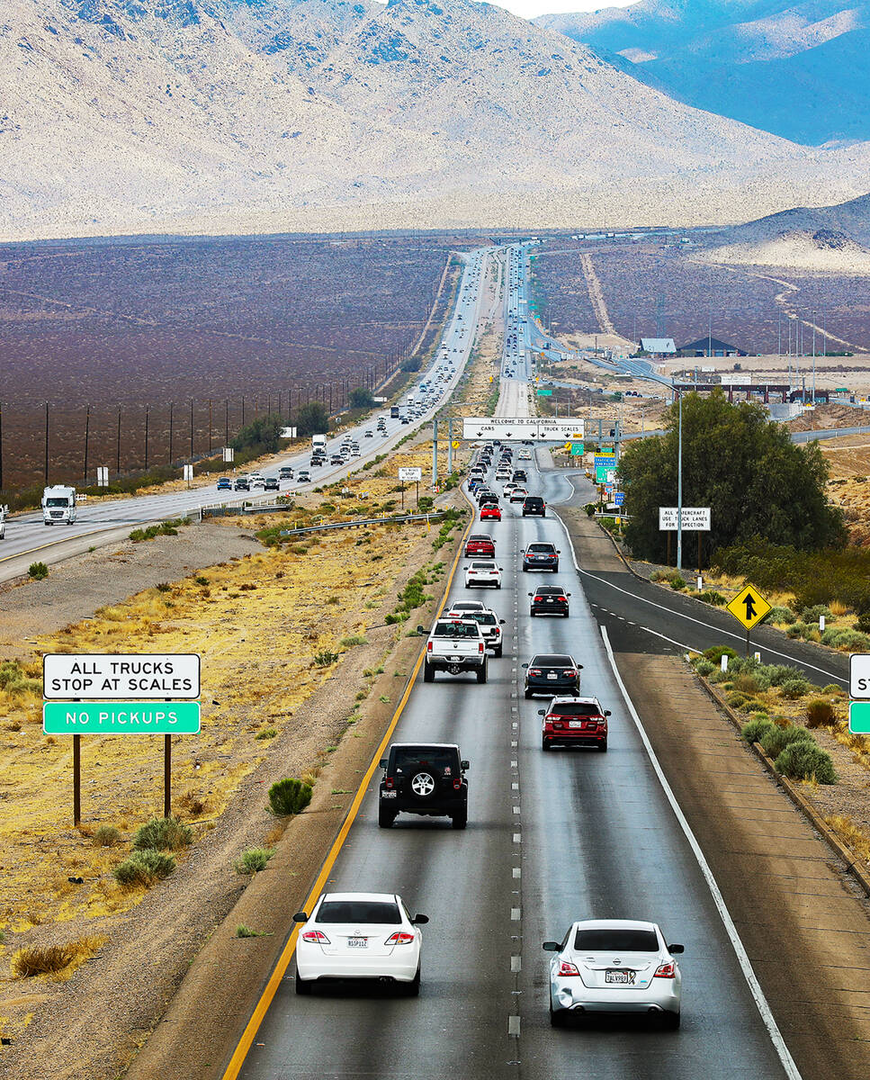 Traffic heading southbound on I-15, Sunday, May 16, 2021 outside Primm, Nev. (Rachel Aston/Las ...