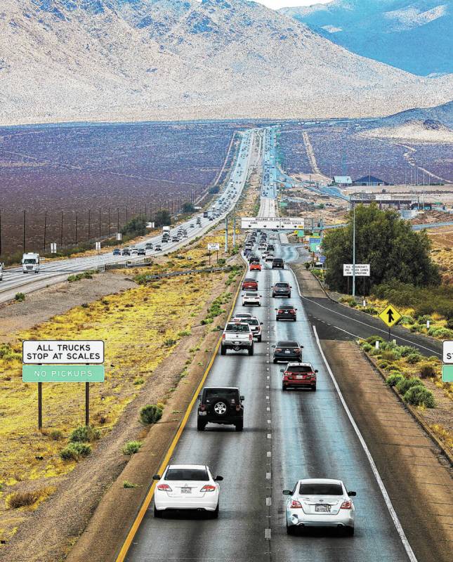 Traffic heading southbound on I-15, Sunday, May 16, 2021 outside Primm, Nev. (Rachel Aston/Las ...