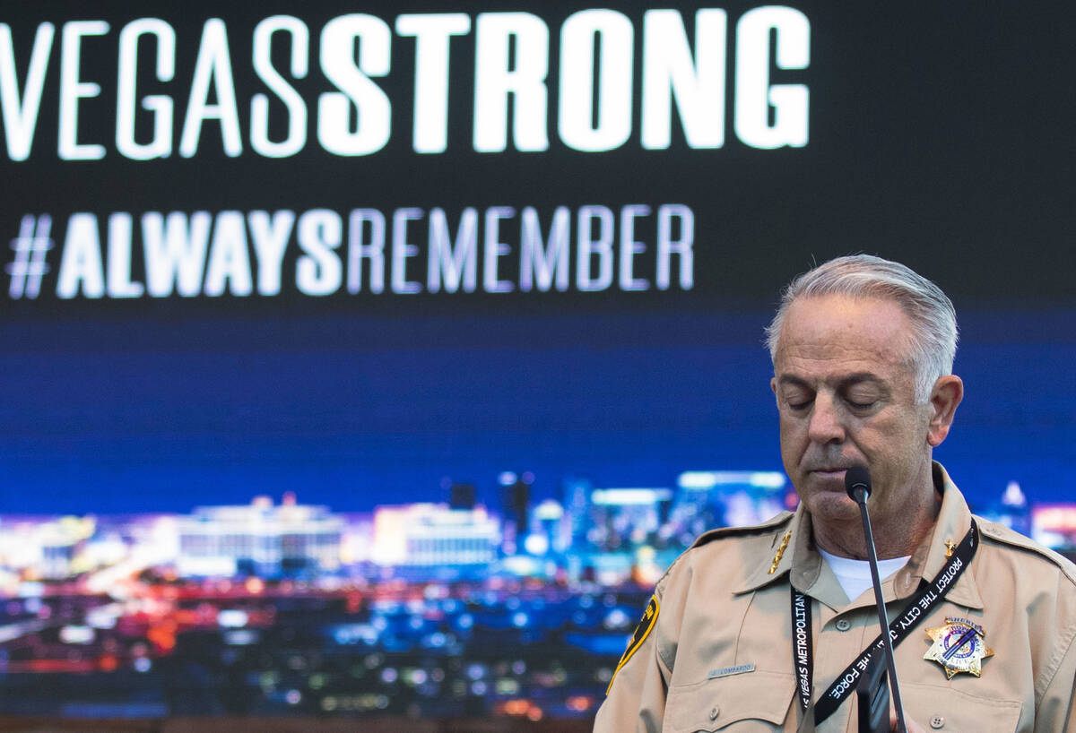 Clark County Sheriff Joe Lombardo pauses as he speaks during the annual 1 October Remembrance C ...