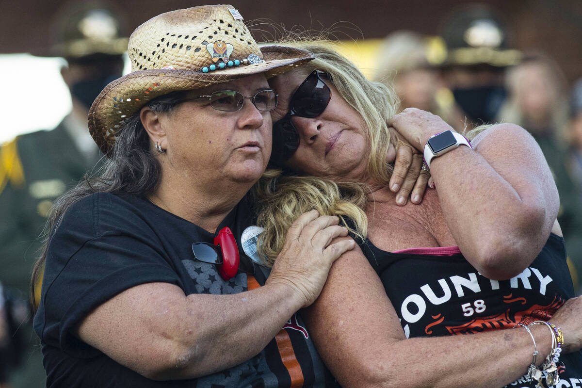 Route 91 Harvest festival shooting survivors Sue Ann Cornwell, left, of North Las Vegas, and Al ...