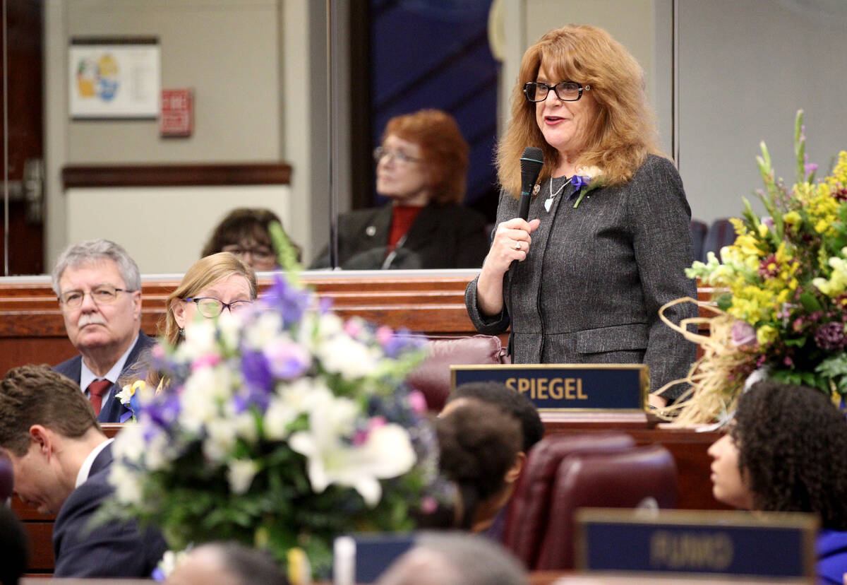 Former Assemblywoman Ellen Spiegel, D-Henderson, speaks on the Assembly floor in the Legislativ ...