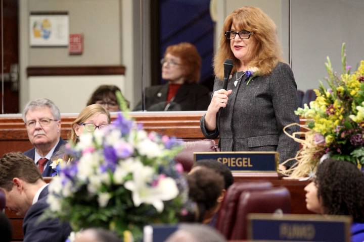 Former Assemblywoman Ellen Spiegel, D-Henderson, speaks on the Assembly floor in the Legislativ ...