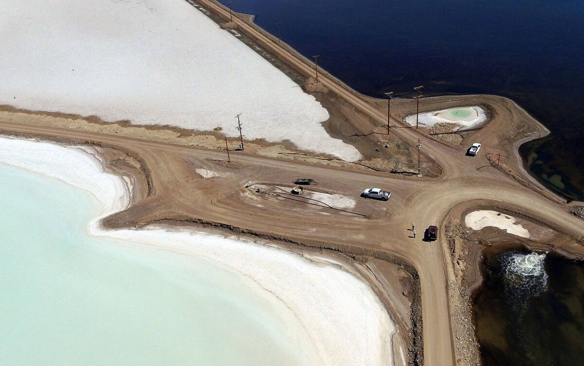 Lithium brine evaporation ponds at Albemarle's lithium mine in Silver Peak, Nev., is shown, on ...