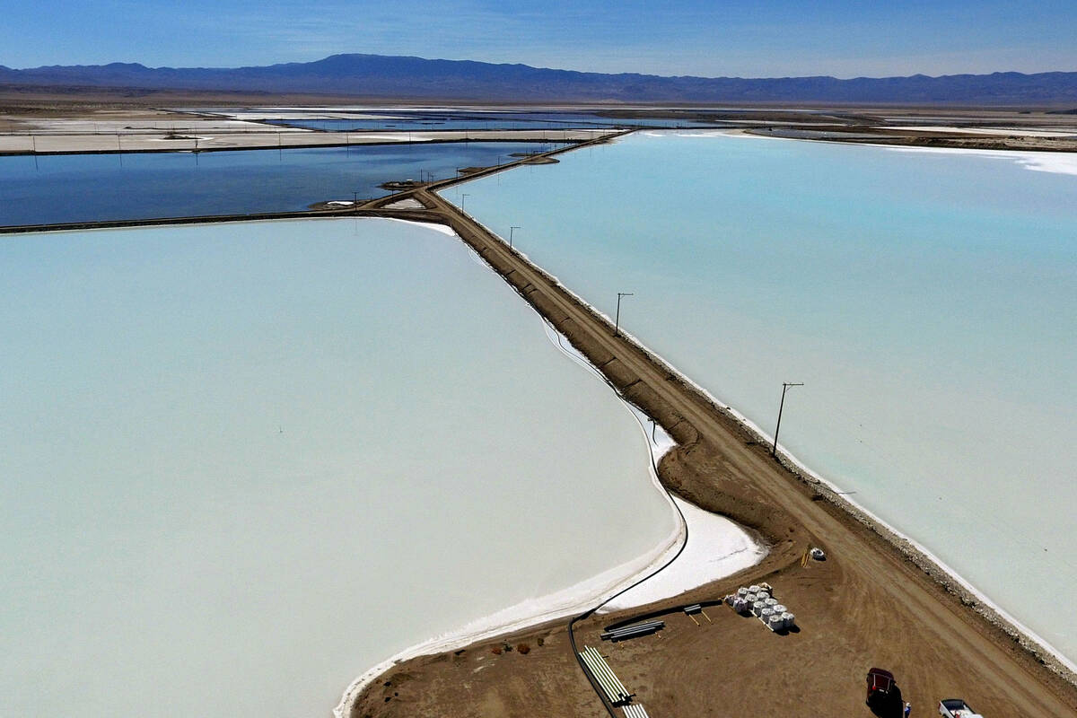 Lithium brine evaporation ponds at Albemarle's lithium mine in Silver Peak, Nev., are shown, on ...