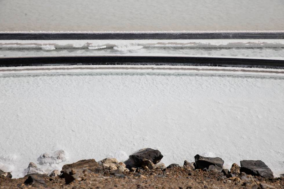 Lithium brine evaporation pond at Albemarle's lithium mine in Silver Peak, Nev., is shown, on T ...