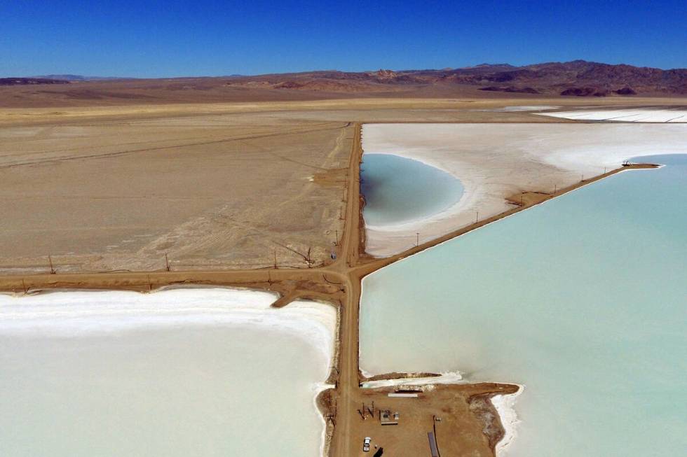 Lithium brine evaporation ponds at Albemarle's lithium mine in Silver Peak, Nev., is shown, on ...