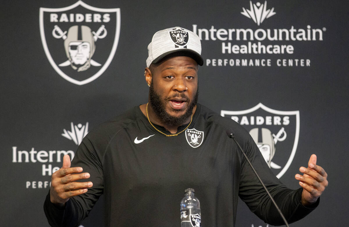 Raiders defensive tackle Quinton Jefferson answers questions during a practice session at the R ...