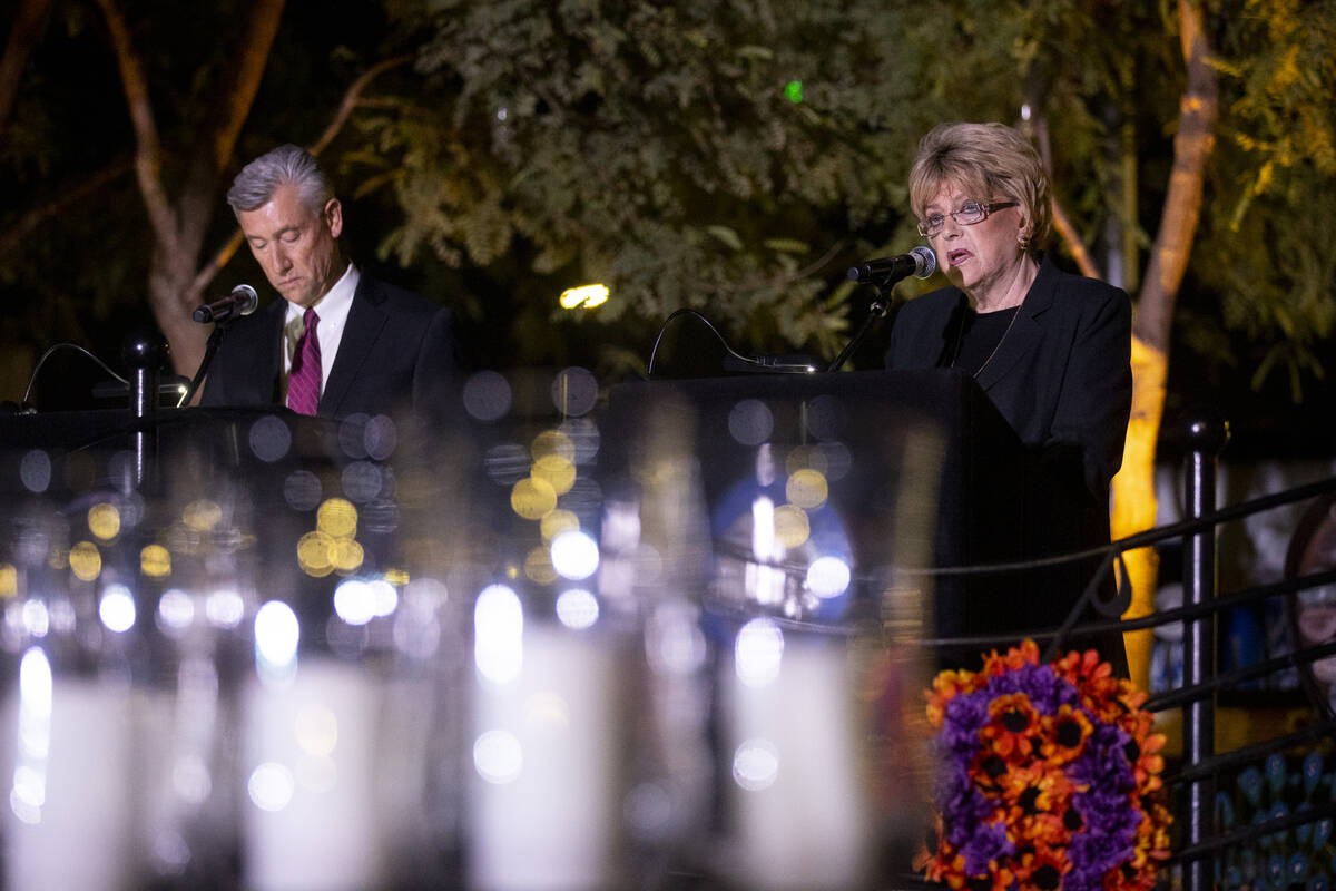 Las Vegas Mayor Carolyn Goodman, right, Communications Director David Riggleman, speaks before ...