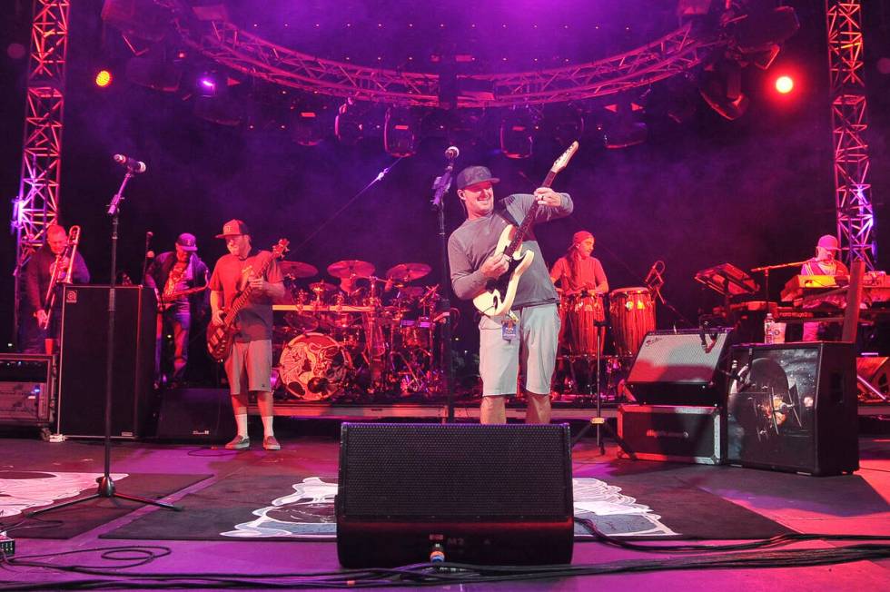 Kyle McDonald, center, of Slightly Stoopid, performs during Concerts In Your Car astatine  Ventura Cou ...