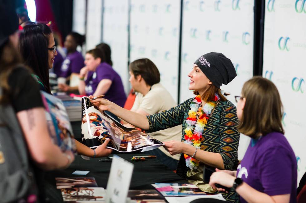 "Wynonna Earp" co-star Katherine Barrell greets fans at the 2018 edition of ClexaCon in Las Veg ...