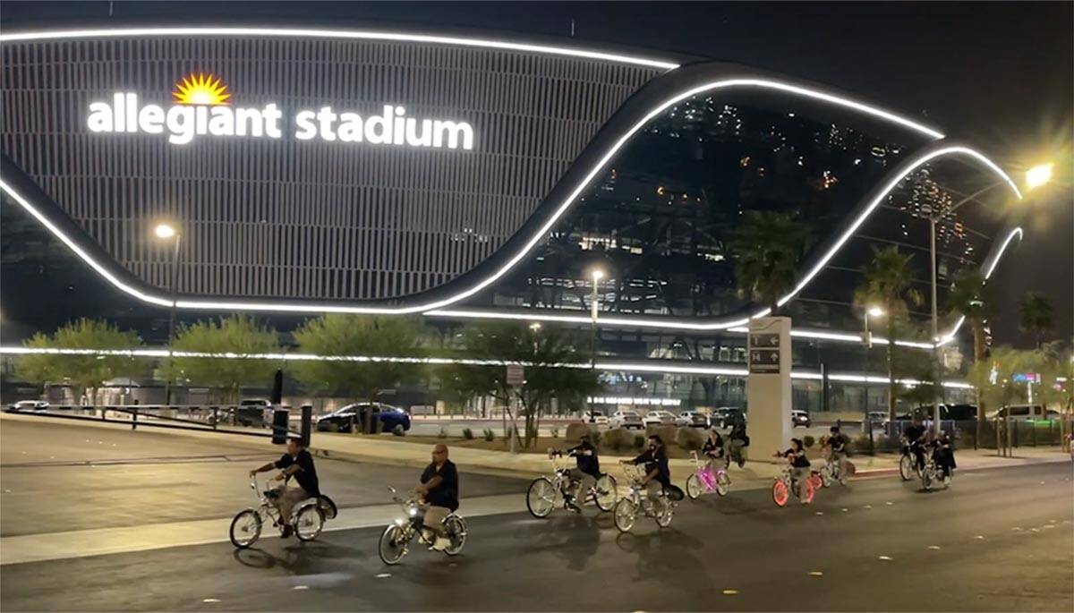 Members of Riderz4Life ride past Allegiant Stadium. (Kevin Cannon/Las Vegas Review-Journal)