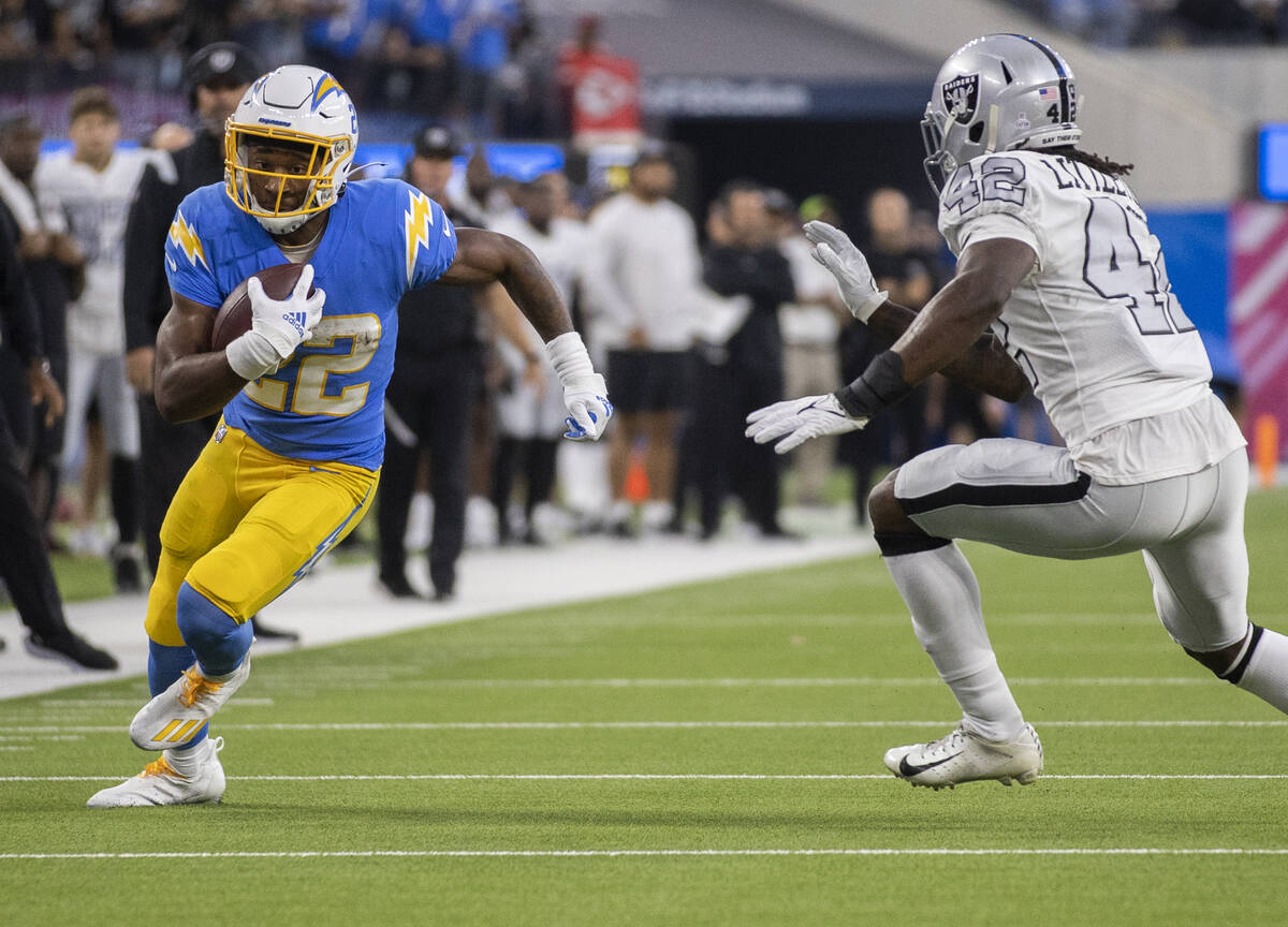 Los Angeles Chargers running back Justin Jackson (22) breaks up field past Raiders inside lineb ...