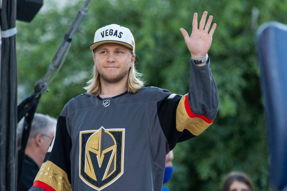 Golden Knights player William Karlsson greets the crowd after being introduced at their annual ...