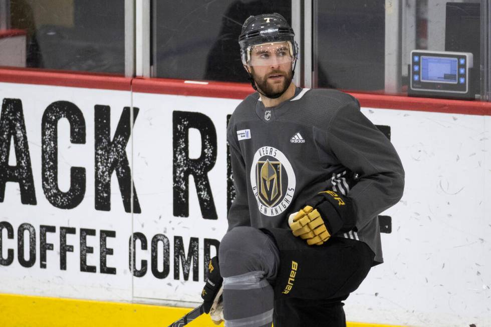 Golden Knights defenseman Alex Pietrangelo (7) stretches during practice at City National Arena ...