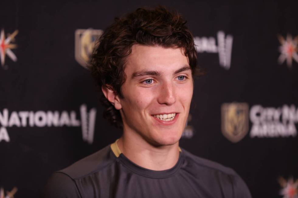 Vegas Golden Knights' Peyton Krebs (18) participates during a press conference following rookie ...