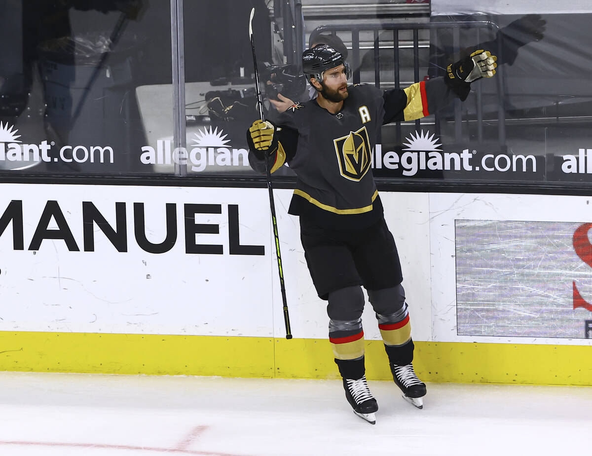 Golden Knights' Alex Pietrangelo celebrates after his goal against Colorado Avalanche during th ...