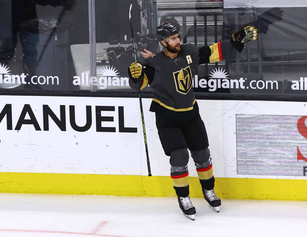Golden Knights' Alex Pietrangelo celebrates after his goal against Colorado Avalanche during th ...