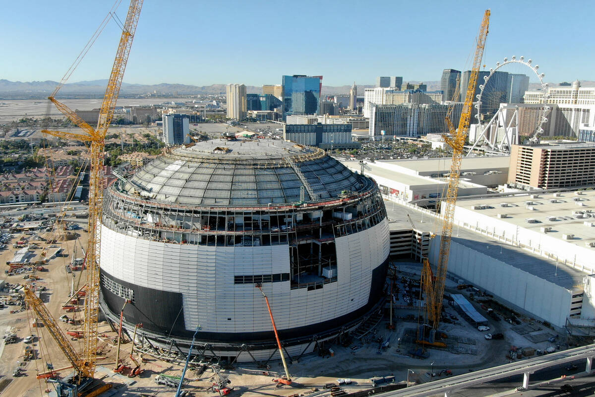 An aerial photo of the MSG Sphere at the Venetian as work continues on Thursday, September 30, ...